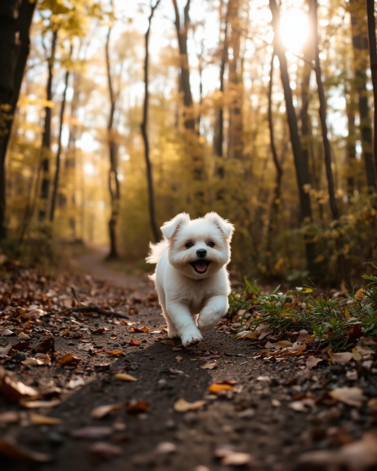 En liten hvit hund som løper på en skogssti