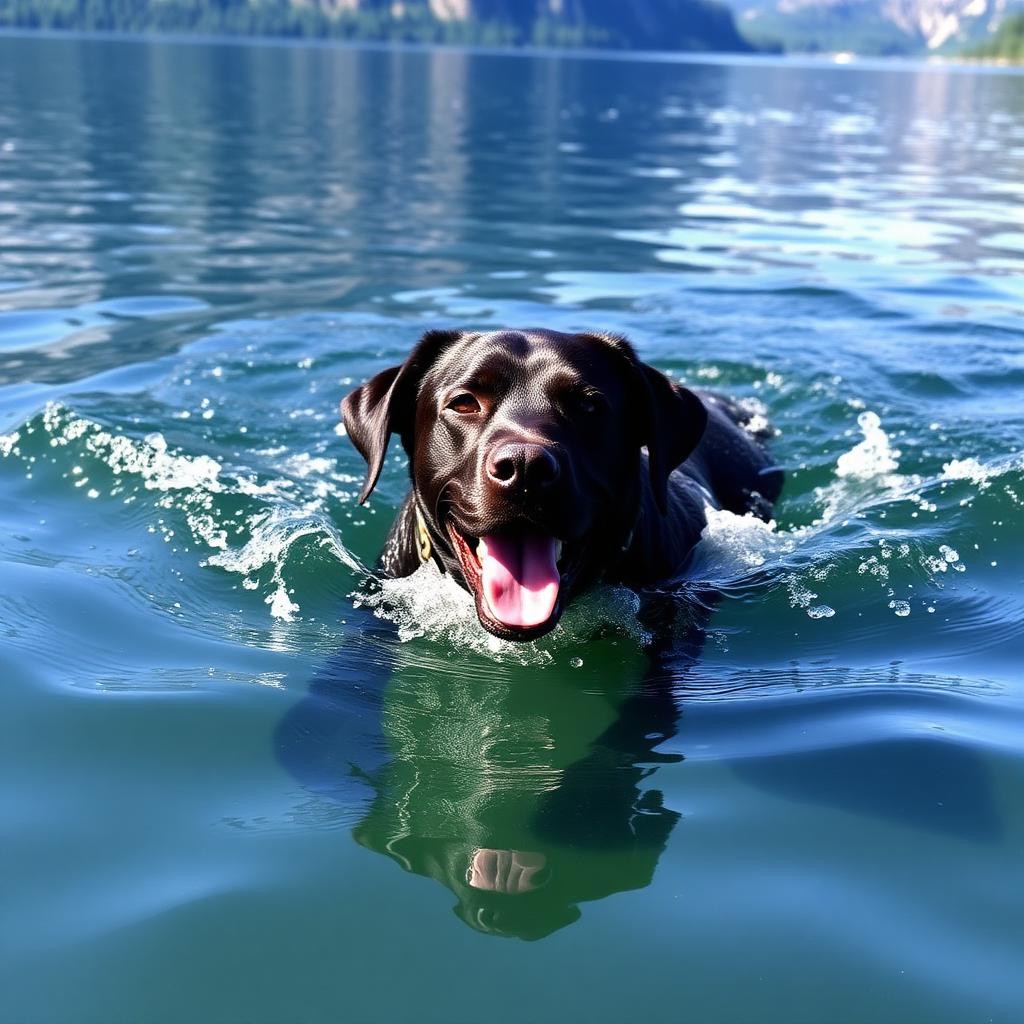 Labrador svømmer i fjorden